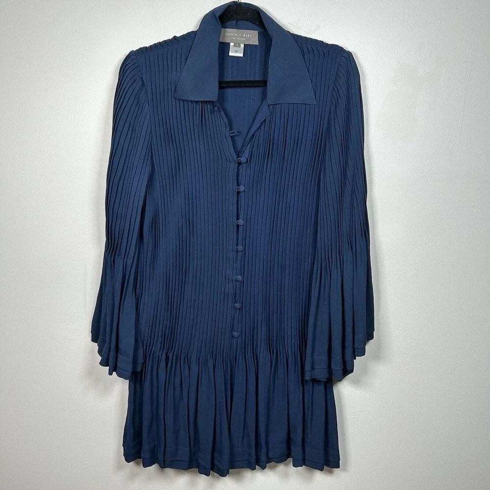 SACHIN & BABI Navy Blue Silk Pleated Long Sleeve Dress. Size 6 - Picture 5 of 9